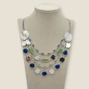 Blue Green Layered Necklace Silver Tone Disc Layered Chain Modern Chic